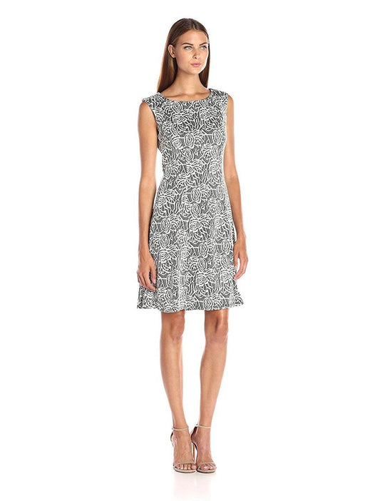 Adrianna Papell - AP1D100314 Bateau Knit Jacquard A-line Dress in Black and White