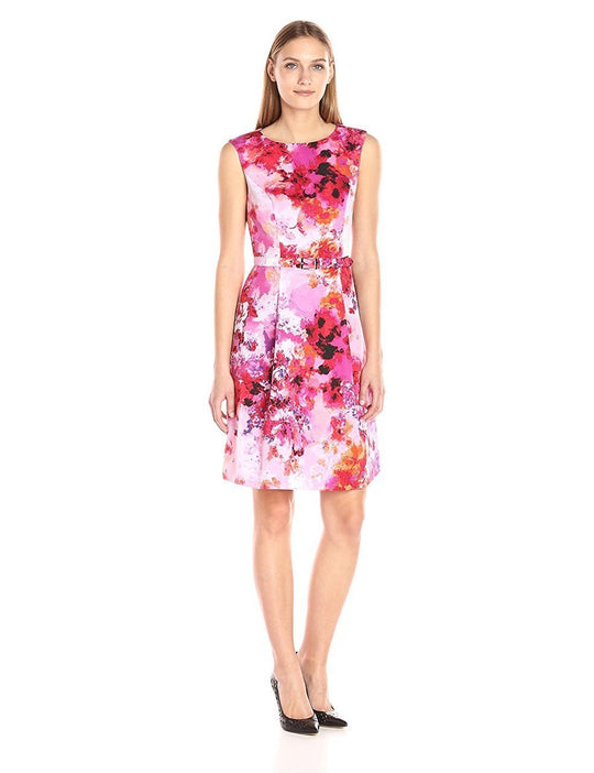 Adrianna Papell - AP1D100761 Printed Jewel A-line Dress in Pink and Multi-Color