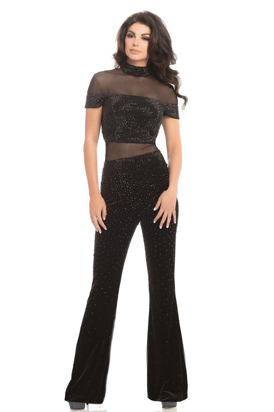 Johnathan Kayne - 8202 Dazzling Crystal Encrusted Velvet Jumpsuit in Black