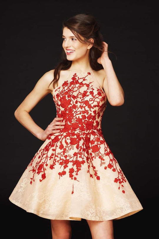 Angela and Alison - 82025 Illusion Halter Floral Cocktail Dress In Red and Nude