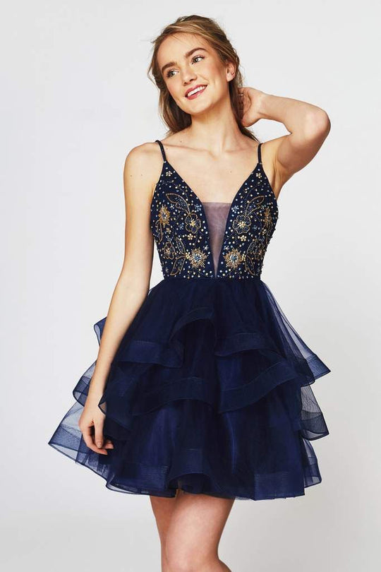 Angela and Alison - 82039 Beaded Bodice Ruffled Tiered Skirt Dress In Blue