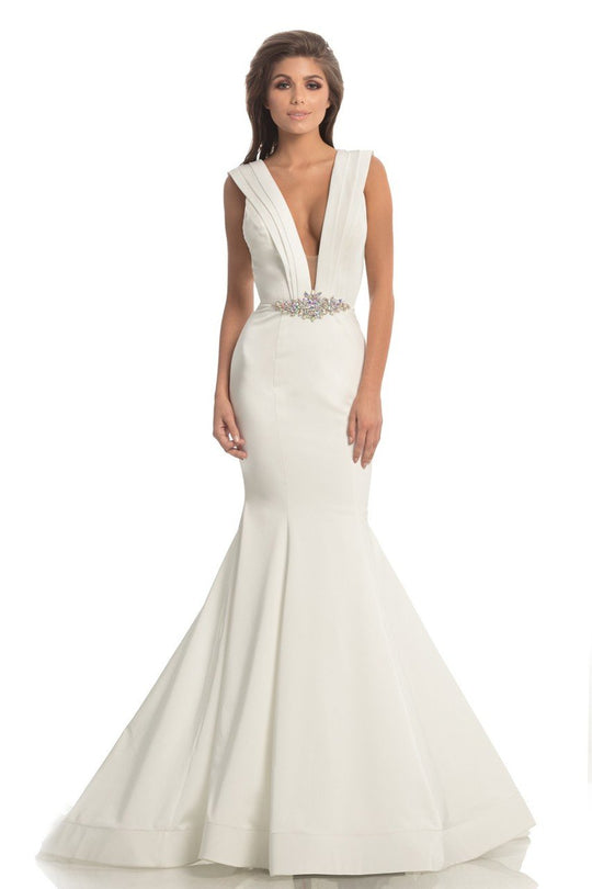 Johnathan Kayne - 8204 Pleated Plunging V-Neck Mermaid Gown in White