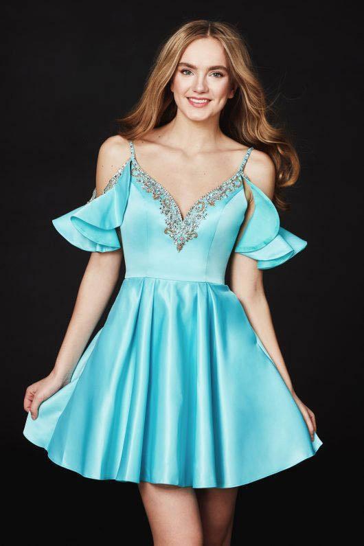 Angela & Alison-82049 Crystal Beaded V-neck A-line Dress In Blue