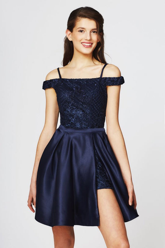 Angela and Alison - 82056 Embroidered Romper With Detachable Overskirt In Blue