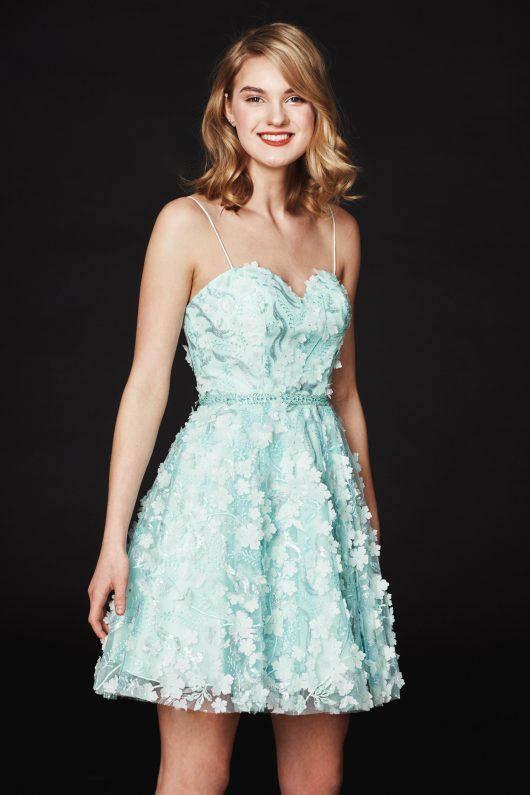 Angela & Alison-82057 Floral Appliqued Embroidered A-Line Dress In Blue