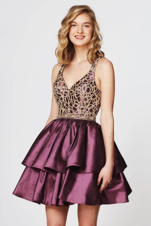 Angela & Alison-82059 Gilded Swirl Motif Tiered A-Line Dress in Purple