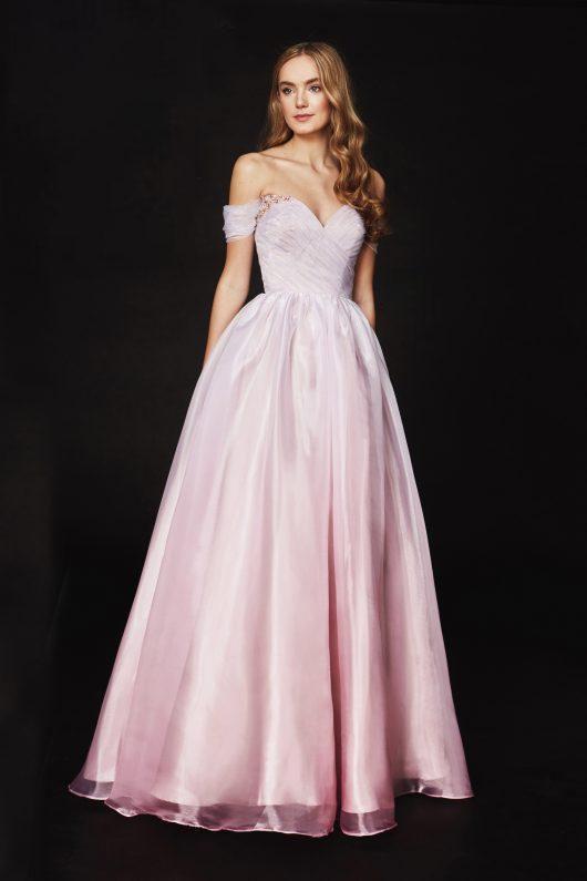 Angela & Alison-82063 Crystal Beaded Pleated Ombre Ballgown In pink