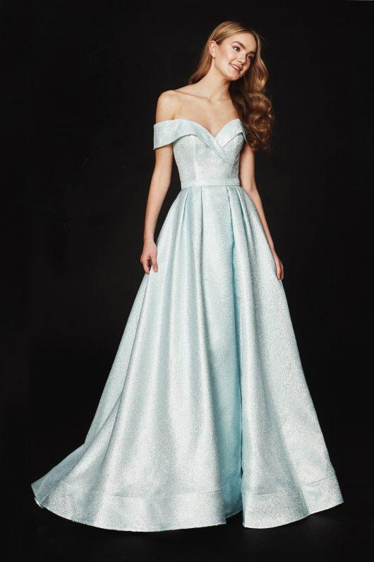Angela & Alison-82064 Foldover Off-Shoulder Ballgown With Slit In Blue