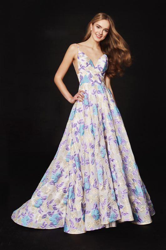 Angela & Alison-82067 Floral Printed Deep V-neck A-line Dress In Purple