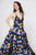 Angela & Alison-82067 Floral Printed Deep V-neck A-line Dress In Blue