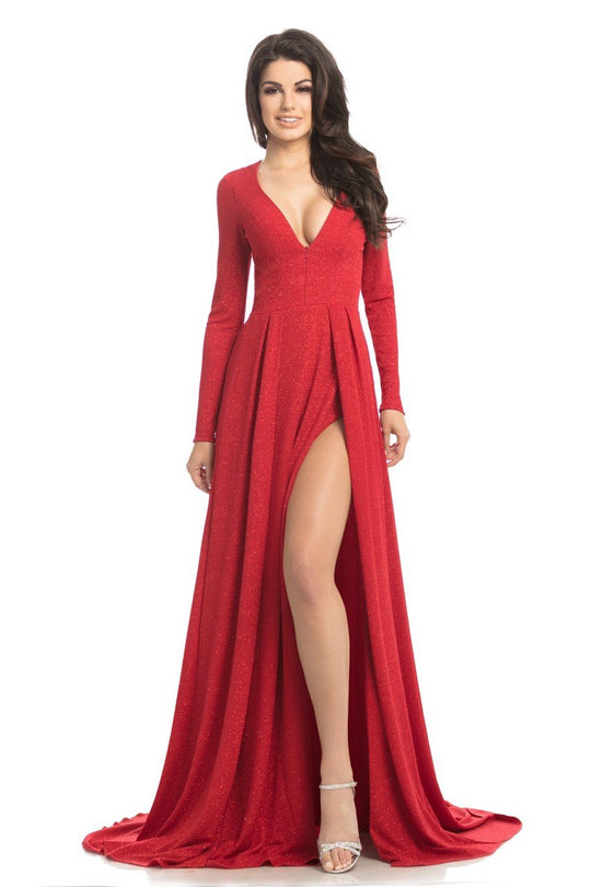 Johnathan Kayne - 8208 Deep V-neck Glitter Knit A-line Gown in Red