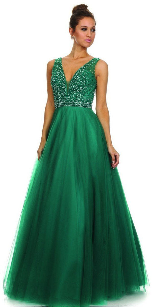 Nox Anabel - Embellished V-Neck Evening Gown 8219 - 1 pc Green In Size L Available 