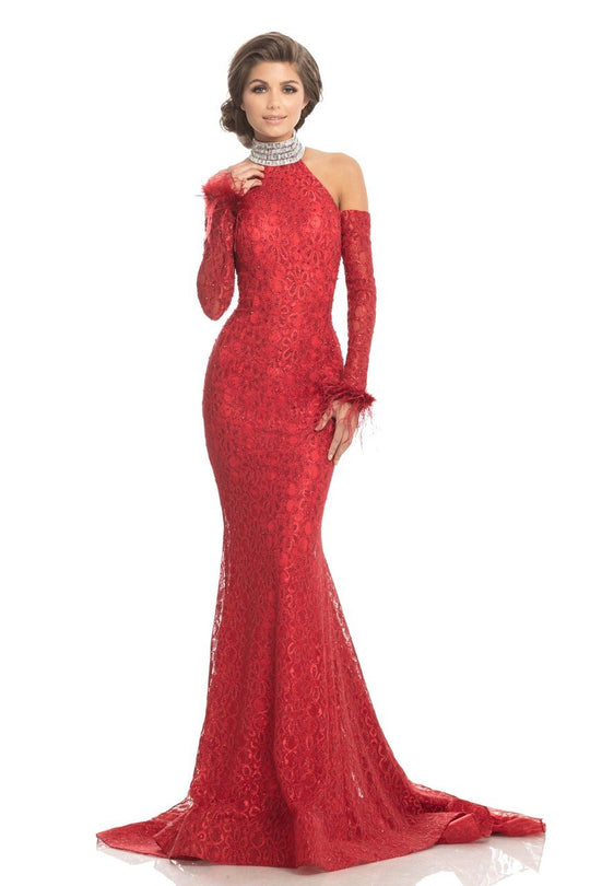 Johnathan Kayne - 8219 Feathered Long Sleeve Lace Mermaid Gown in Red