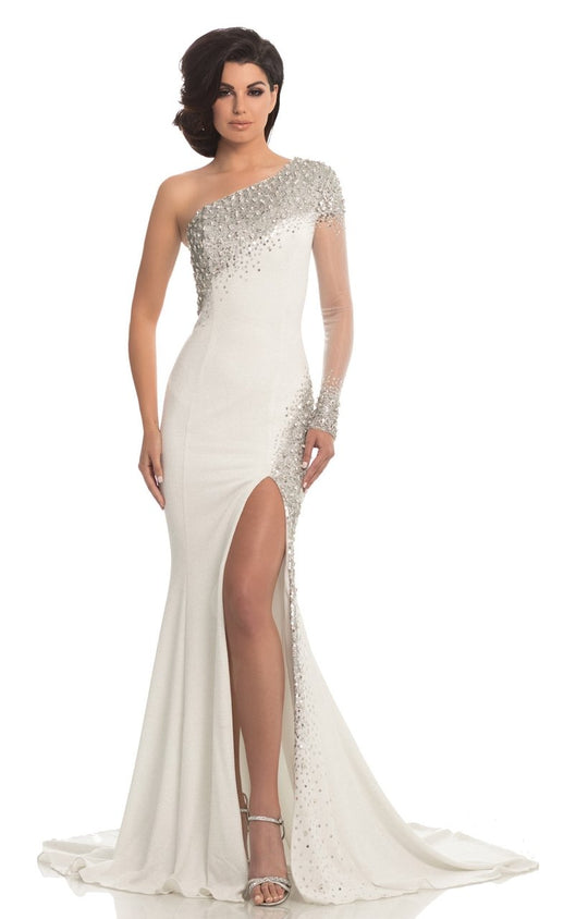 Johnathan Kayne - 8220 Rhinestone Embellished One Shoulder Gown in White