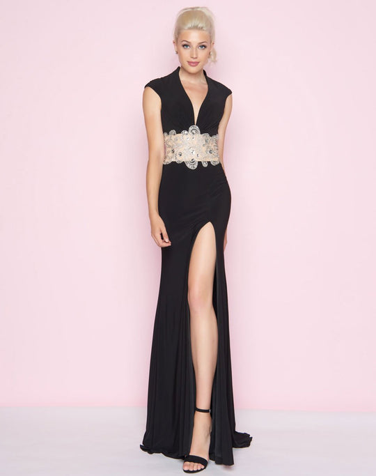Mac Duggal - 82228L Cap Sleeves Deep V-neck Fitted Gown In Black