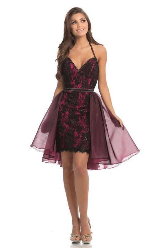 Johnathan Kayne - 8238 Crystal and Laced Halter V-neck Cocktail Dress in Black and Pink