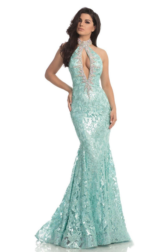 Johnathan Kayne - 8239 Sequined Lace High Halter Mermaid Dress in Green