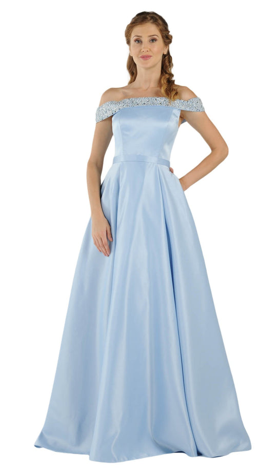 Poly USA - 8242 Bejeweled Off Shoulder Satin A-Line Gown in Blue