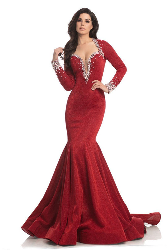 Johnathan Kayne - 8242 Bedazzled Plunging Queen Anne Mermaid Gown in Red