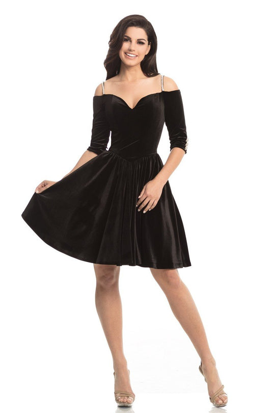 Johnathan Kayne - 8248 Embellished Stretch Velvet Aline Cocktail Dress in Black