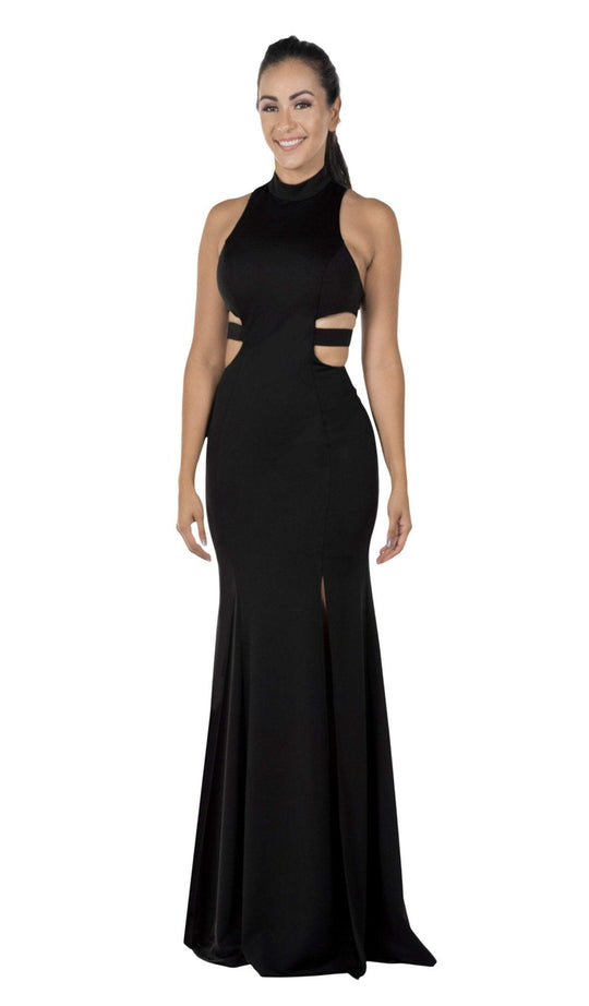 Poly USA - 8248 High Neck Banded Cutout Sheath Gown In Black
