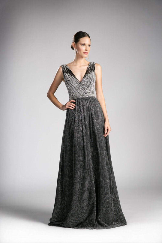 Cinderella Divine - 8269 Metallic Rhinestone Embellished Ruched Gown In Black and Silver