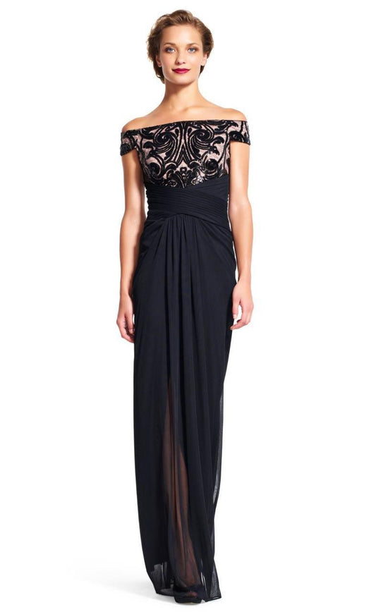 Adrianna Papell - AP1E200066 Off Shoulder Sequin Draped Evening Gown in Black and Pink