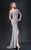 MNM COUTURE -  8273 Long Sleeve Asymmetrical Sequined High Slit Gown in Silver