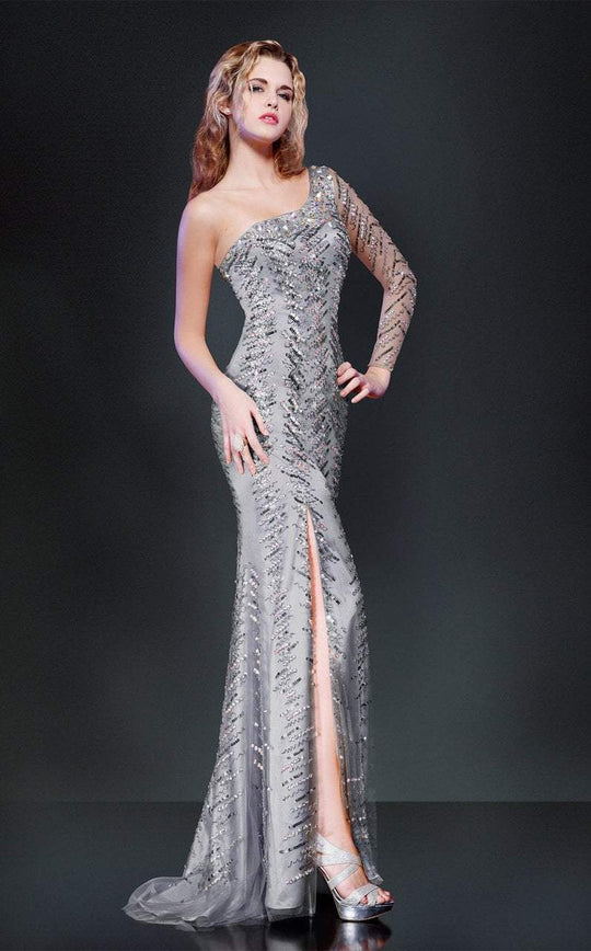 MNM COUTURE -  8273 Long Sleeve Asymmetrical Sequined High Slit Gown in Silver