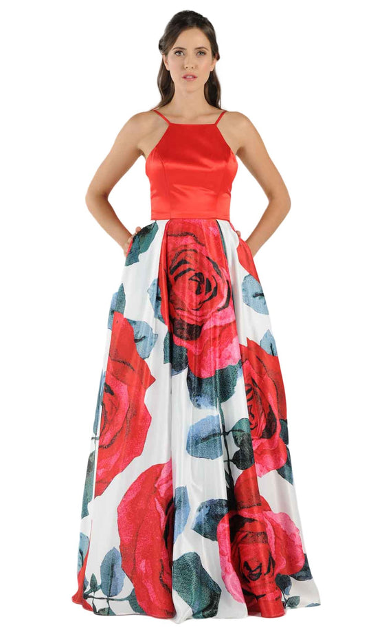 Poly USA - 8274 Satin Halter Floral Printed A-line Dress In Red