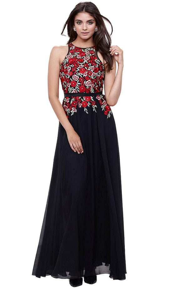 Nox Anabel - 8275 Floral Embroidered A-line Dress in Black