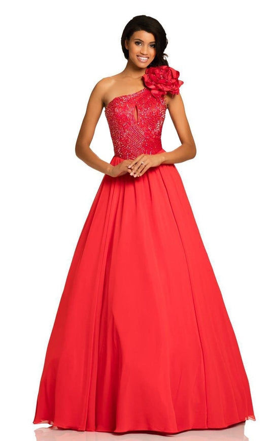 Johnathan Kayne - 8019 Beaded One Shoulder Chiffon A-line Dress In Red