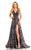 Johnathan Kayne - 8021 Deep V-neck Chiffon/Velvet A-line Dress In Blue and Multi-Color