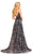 Johnathan Kayne - 8021 Deep V-neck Chiffon/Velvet A-line Dress In Blue and Multi-Color