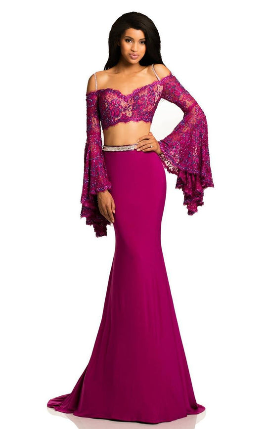 Johnathan Kayne - 8024 Two-Piece Bell Sleeve Ornate Lace Sheath Gown In Pink