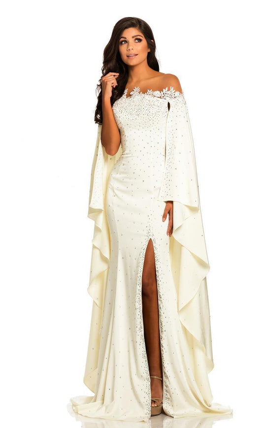 Johnathan Kayne - 8039 Floral Trimmed Bejeweled Draping Cape Gown In White