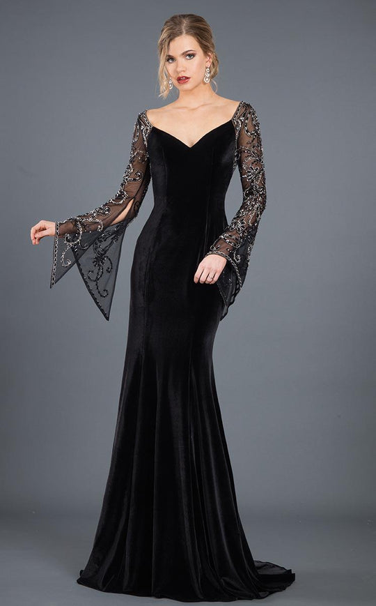 Rachel Allan Couture - 8282 Beaded V-neck Velvet Trumpet Dress in Black