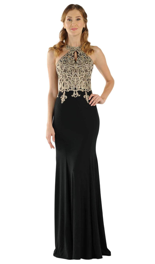 Poly USA - 8282 Gold Lace Applique Halter Jersey Trumpet Dress In Black