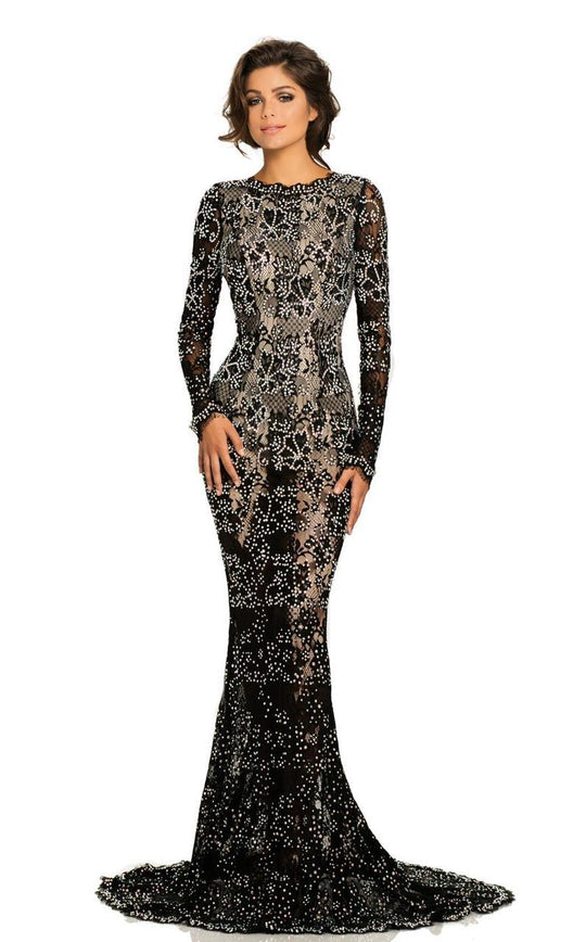 Johnathan Kayne - 8099 Long Sleeve Jeweled Lace Mermaid Gown In Black and Neutral