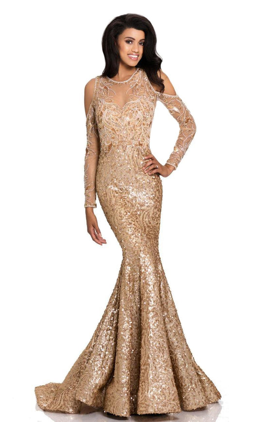 Johnathan Kayne - 8109 Sequin Embellished Cold Shoulder Gown In Gold