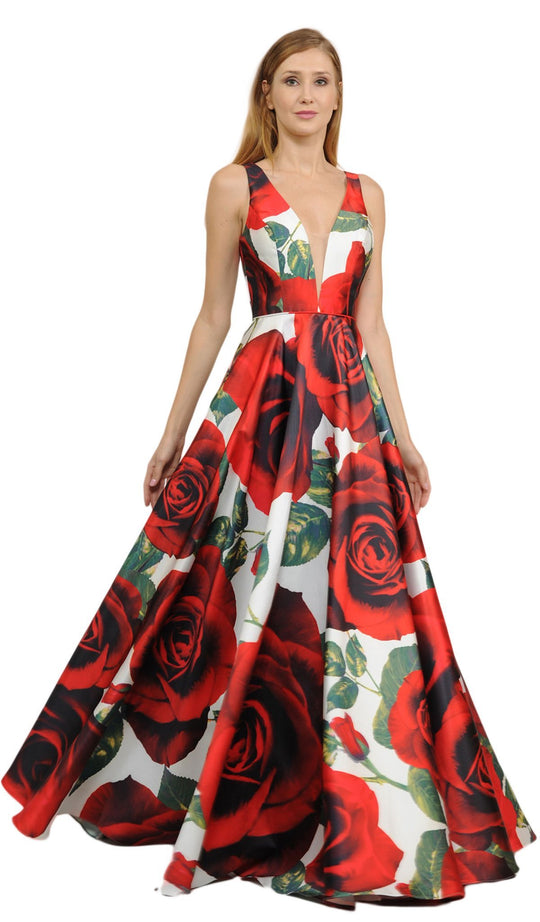 Poly USA - 8288 Floral Print Deep V-neck A-line Dress