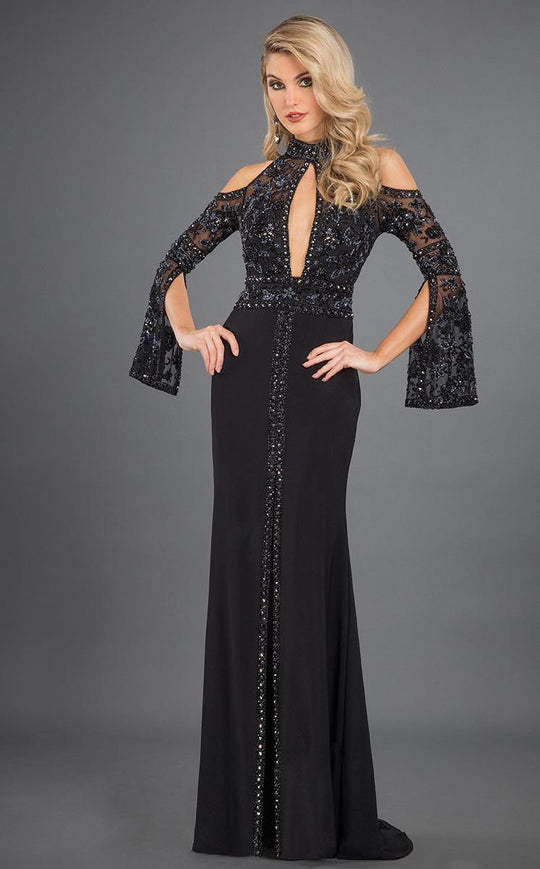 Rachel Allan Couture - 8265 Beaded High Neck Cold Shoulder Gown in Black