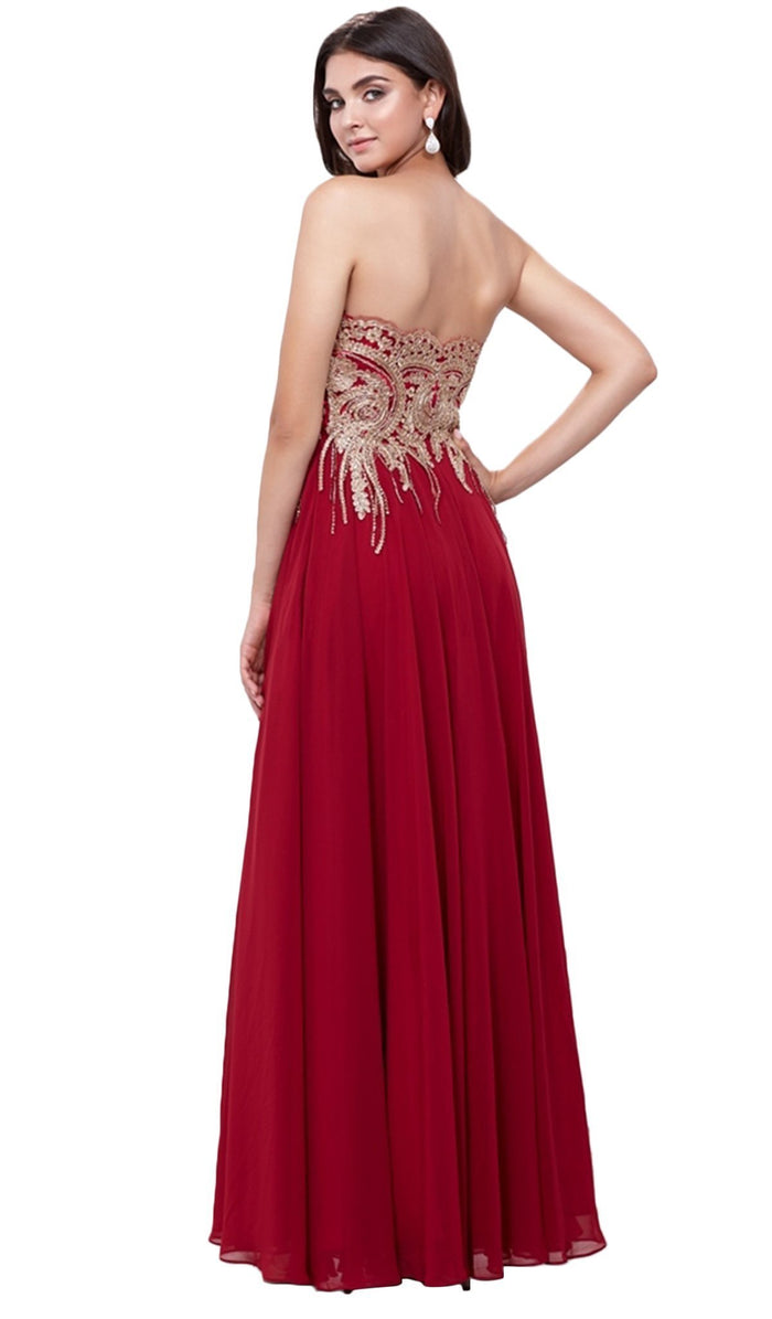 Strapless Gold Lace Appliqued Long Gown