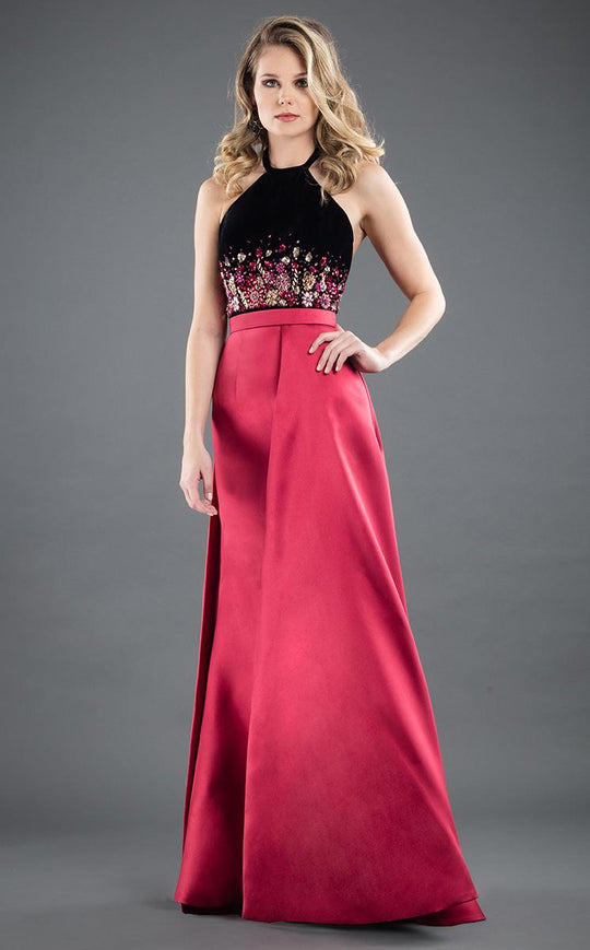 Rachel Allan Couture - 8279 Floral Beaded Halter Gown in Black and Pink