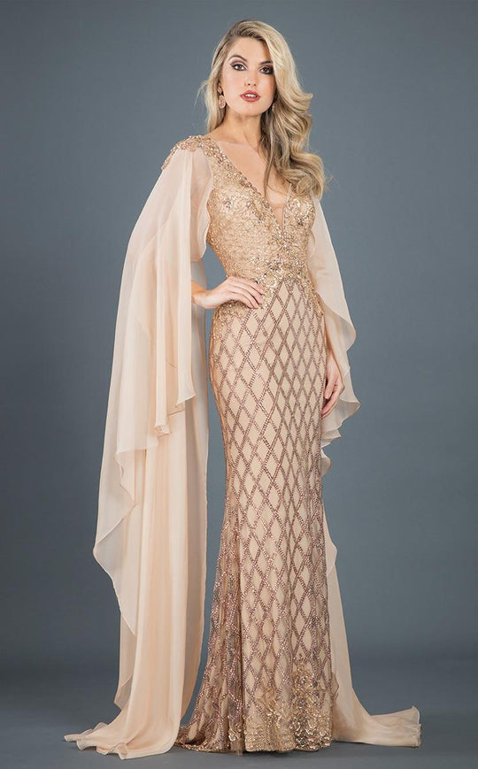 Rachel Allan Couture - 8281 Plunging V Neck Lattice Cape Gown in Neutral