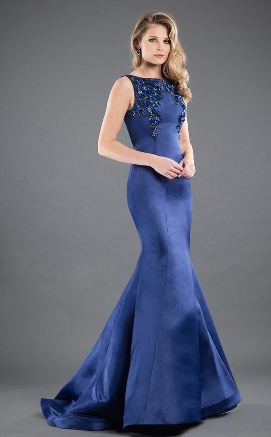 Rachel Allan Couture - 8292 Floral Sequined Bateau Trumpet Gown in Blue