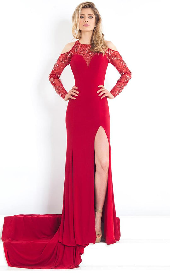 Rachel Allan Prima Donna - 5943 Glittering Cold Shoulder Jersey Gown in Red