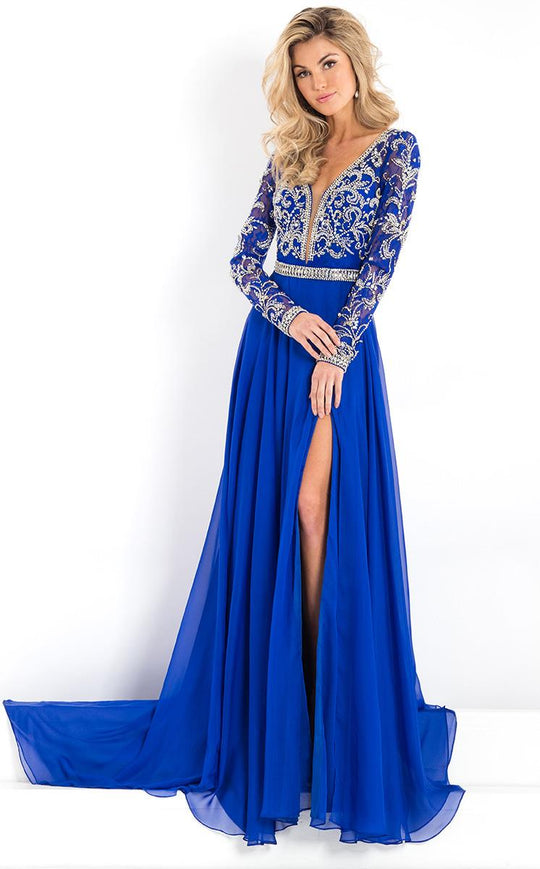 Rachel Allan Prima Donna - 5944 Long Sleeve Beaded Chiffon Gown in Blue