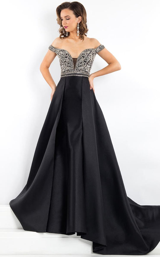 Rachel Allan Prima Donna - 5950 Off Shoulder Embellished Evening Gown in Black