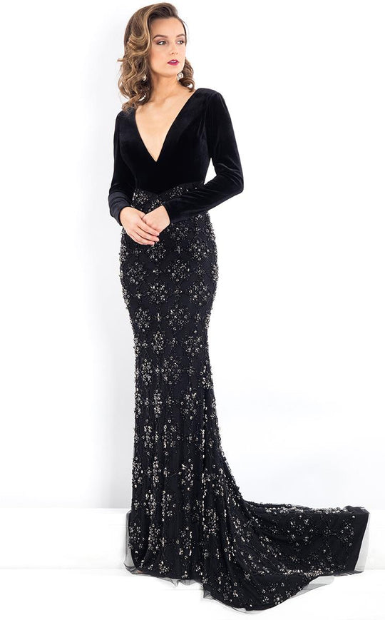 Rachel Allan Prima Donna - 5952 Long-Sleeved Velvet Beaded Sheath Gown in Black